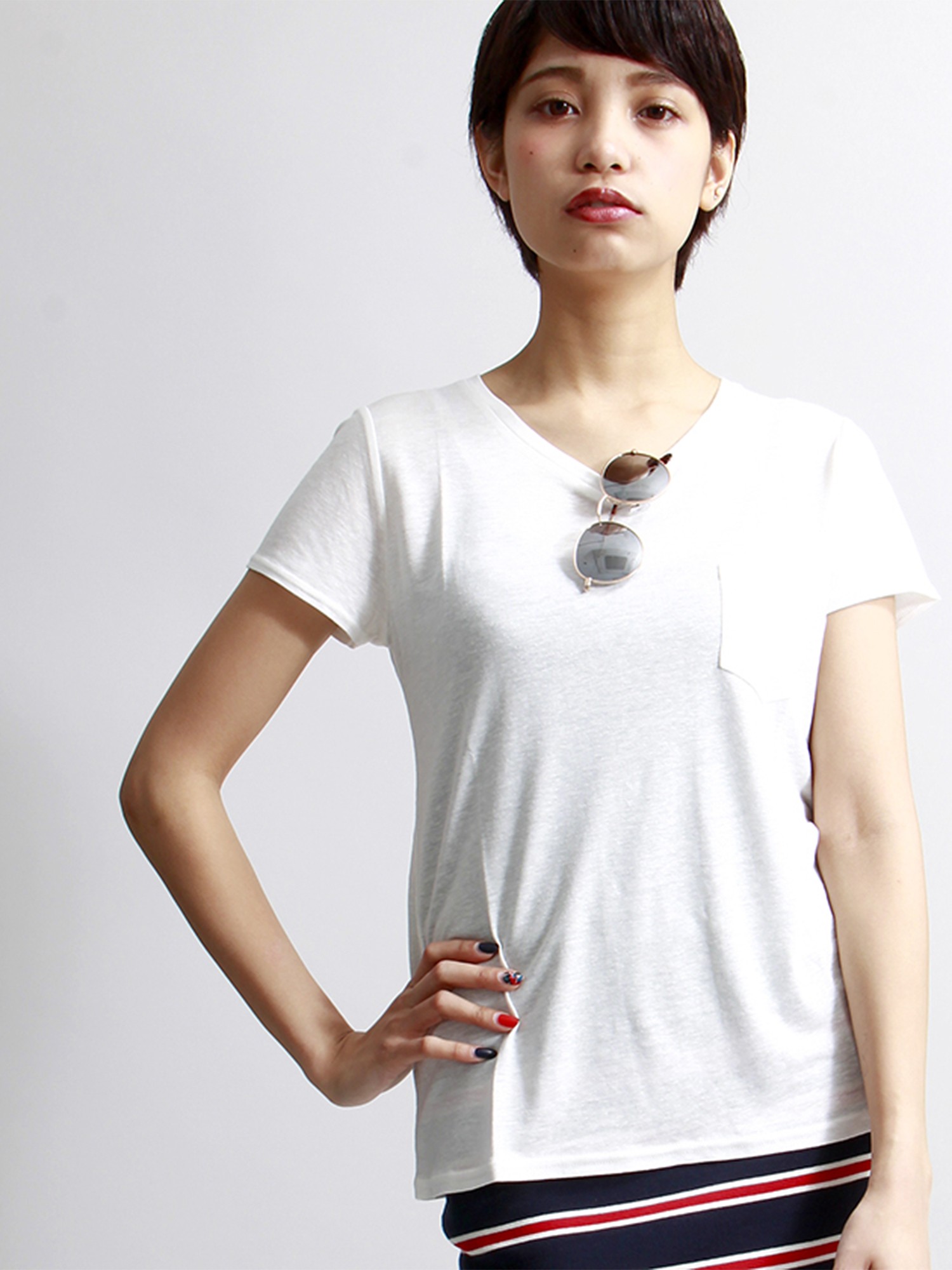 WEGO/リネンモダールUネックTシャツ